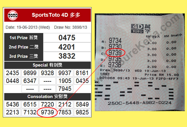 Sports Toto 4D Result - 19 June 2013