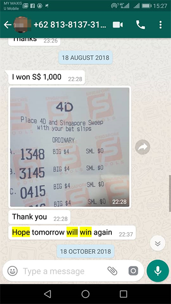 whatsapp singapore win Lottery 4d Prize