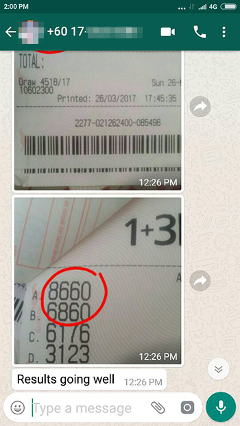 whatsapp win damacai & toto 4d jackpot - 26 March 2017