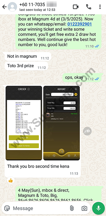 whatsapp lottery 4d win ticket
