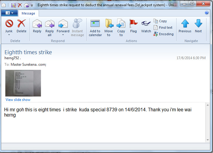 win lottery story from Mr. Lee Wai Herng at 7 june 2014